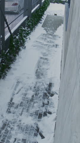Bearded Man Wearing Casual Clothing Walks Along Cleared Pathway, Captured Outdoor Surveillance Camera. Everyday Pedestrian Movement, Winter Conditions, Residential Security Monitoring. Vertical Shot.