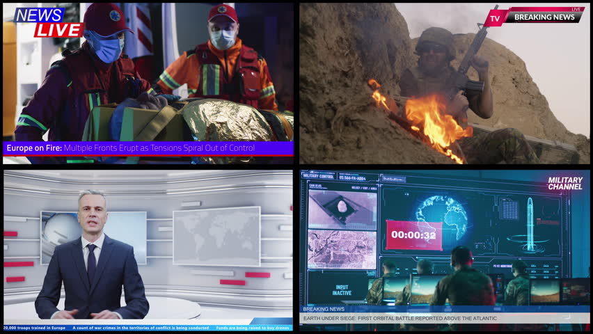 Multi Window Interface Simultaneously Broadcasting Over Dozen News Channels. Modern Individual Finds Themselves Epicenter Endless Stream Breaking News. Concept Visualization of Information Overload.