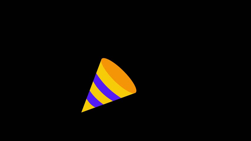 Animated orange and purple striped party hat ejecting colorful stars against a black backdrop.