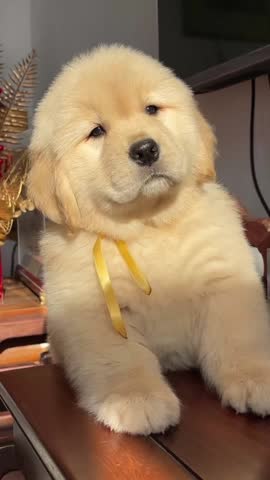 Adorable Golden Retriever Puppy with Yellow Ribbon Tilting Head Curiously. 