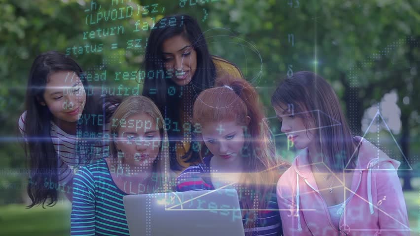 Animation of data processing over schoolchildren and teacher looking at globe in class. Business technology and science concept digitally generated video.