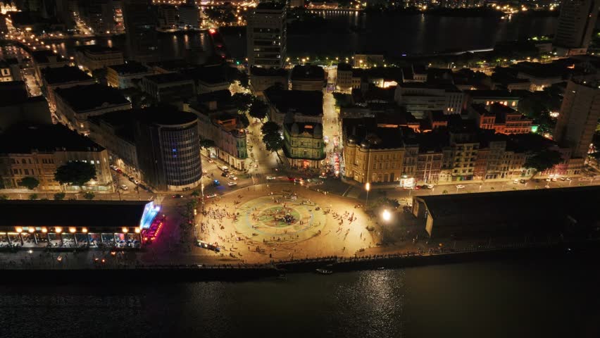 Drone Aerial of Marco Zero and Recife Antigo at Night – City Lights Over Capibaribe River,
Pernambuco Brazil