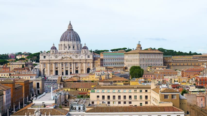 panoramic rome st peter basilica vatican palace rises above pastel buildings calm pale skies surround castel sant