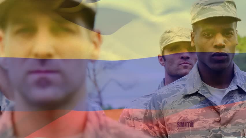 Animation of flag of colombia over soldiers. global patriotism, armed forces and protections concept digitally generated video.
