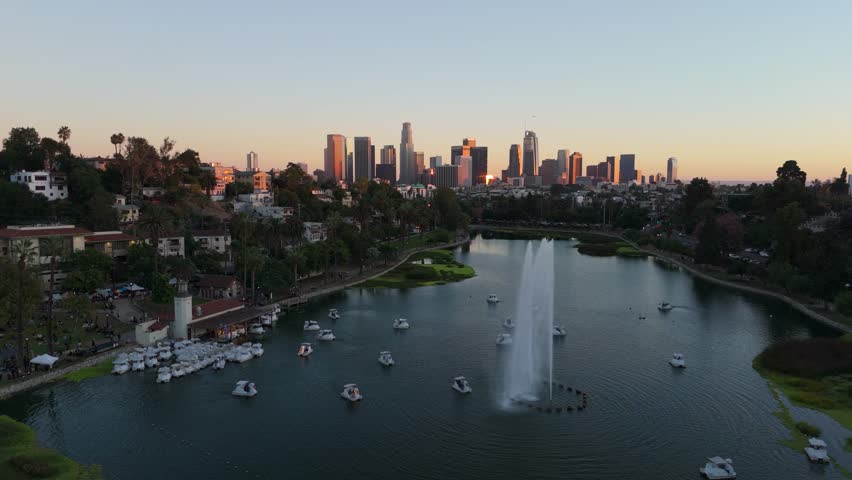 Echo Park Lake Panorama with Downtown Los Angeles Skyline at Sunset, November 25 2025 