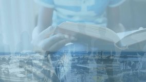 Animation of cityscape over child reading book. Global connections, data processing and digital interface concept digitally generated video. - Powered by Shutterstock - Get 15% off with code: PIKWIZARD15