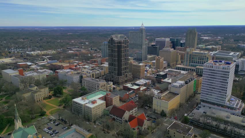 Raleigh, North Carolina, USA - February 17th, 2026: Aerial view of downtown with state capitol building and skyscrapers 