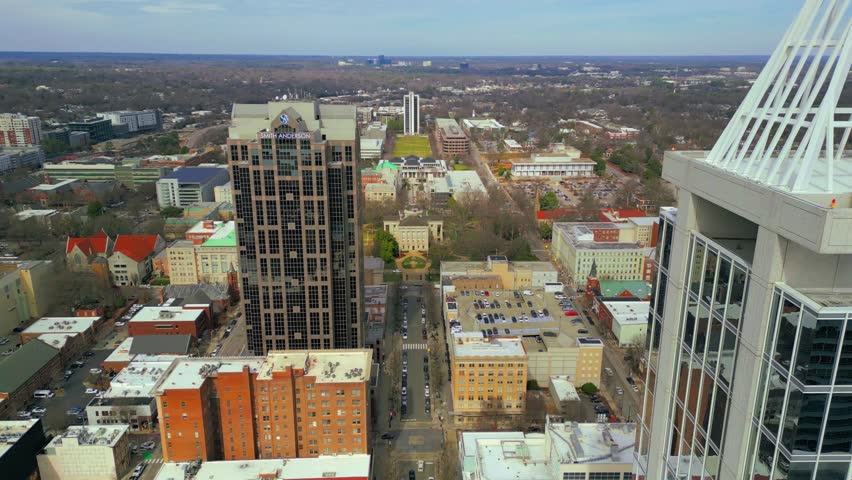 Aerial view flying toward state capitol in downtown Raleigh North Carolina