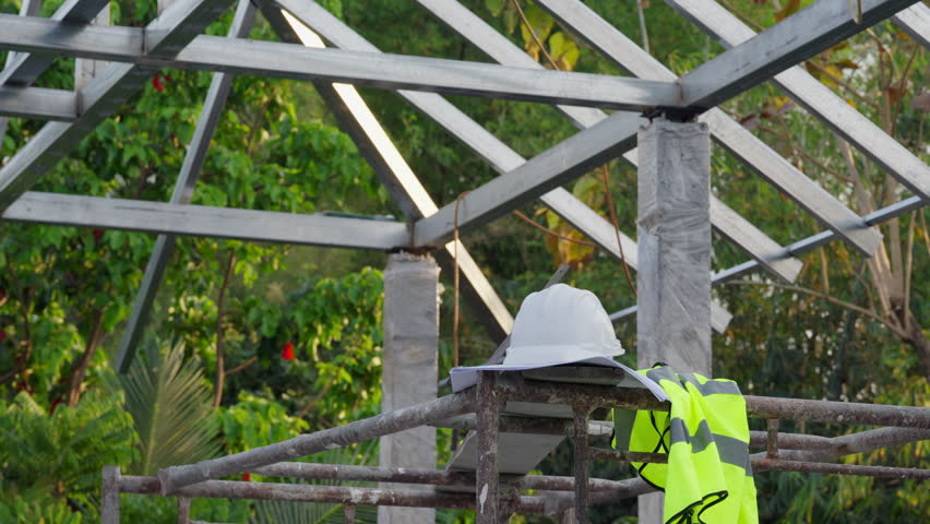 Commercial building steel framework under construction with visible trusses and columns. Engineering and real estate development project outdoors.