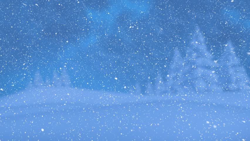Animation of snowflakes and snow falling on landscape against pine trees and blue sky. Digitally generated, illustration, nature, christmas festivity, winter, vector and holiday concept.