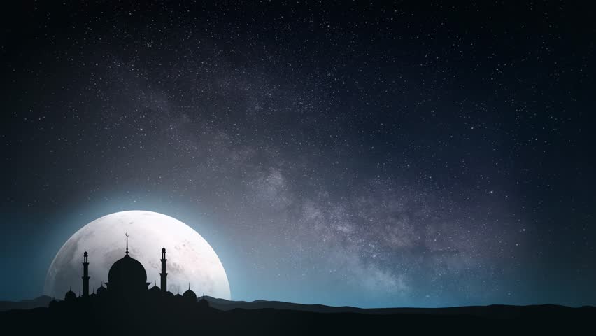 Cinematic animation of a large full moon rotating behind a mosque silhouette under a starry night sky. The Milky Way stretches across the dark blue atmosphere while the moon slowly rotates, creating a peaceful and spiritual ambiance. Ideal for Ramadan, Eid greetings, Islamic themes, night backgrounds, meditation visuals, and atmospheric presentations.