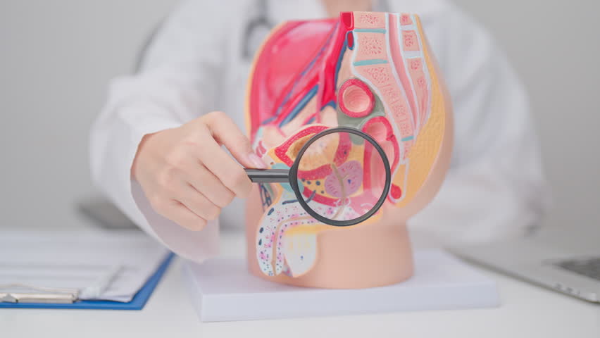 Doctor with Male Reproductive System anatomy model. Male consultation, Prostate Cancer, Enlarged prostate, Prostatitis disease, Male Infertility, Erectile dysfunction, Penis and Male genital disorder