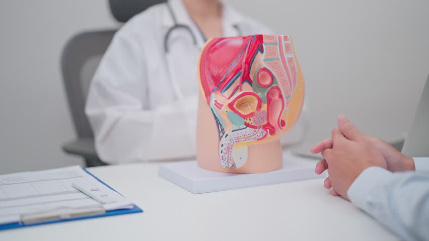 Doctor with Male Reproductive System anatomy model. Male consultation, Prostate Cancer, Enlarged prostate, Prostatitis disease, Male Infertility, Erectile dysfunction, Penis and Male genital disorder