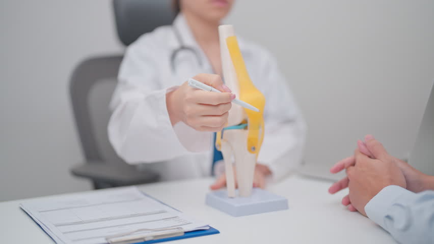 Doctor with Human Knee joint anatomy model. Osteoarthritis, Patellofemoral Pain Syndrome, Patellar Tendinitis, ACL, Anterior Cruciate Ligament, PCL, Posterior, MCL, Medial Collateral, LCL and Lateral 