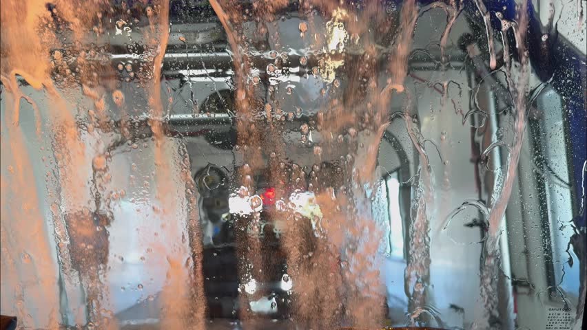 First-person perspective (POV) from the front seat of a car going through an automatic tunnel car wash. Soap suds and water spray covering the windshield as large spinning brushes clean the vehicle. Cinematic interior view of the cleaning process.