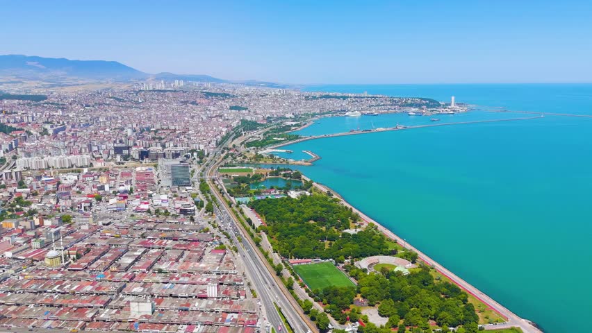 Dolly zoom. Samsun, Turkey. Panorama of the city and coast from a drone on a summer day. Aerial View. Rich colors
