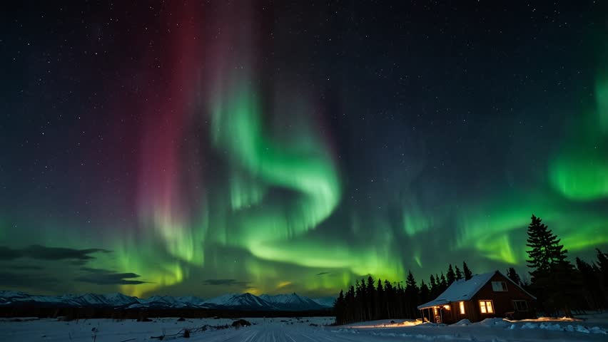 This image showcases a stunning display of the Aurora Borealis (Northern Lights) over a tranquil winter landscape. The night sky is adorned with a curtain of neon green light and reddish-purple hues dancing above a snowy mountain range.