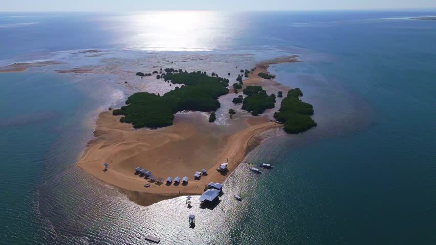 drone shot of Luli Island in Puerto Princesa, Palawan. Features the shifting white sandbars, lush green mangroves, and emerald waters of the Philippines