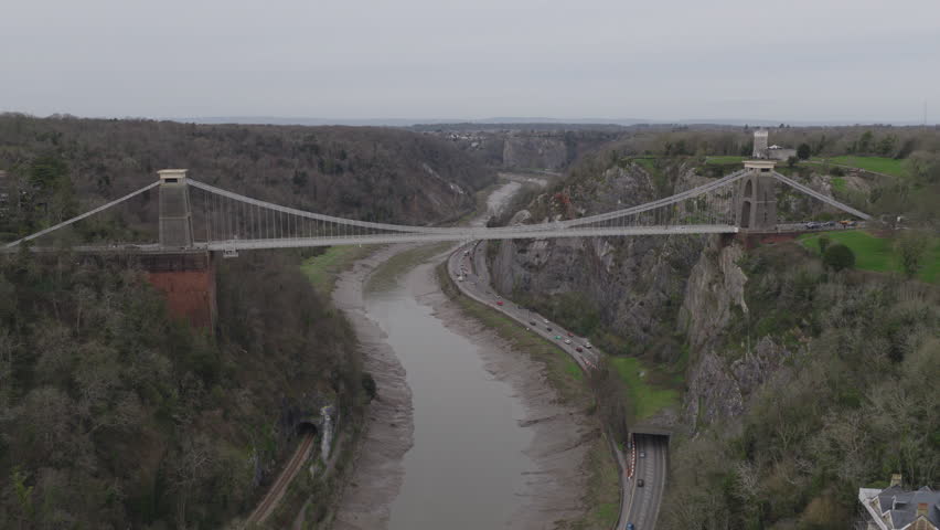Aerial view of the Clifton Suspension Bridge in Bristol, England, United Kingdom. Beautiful bridge designed by Isambard Kingdom Brunel.