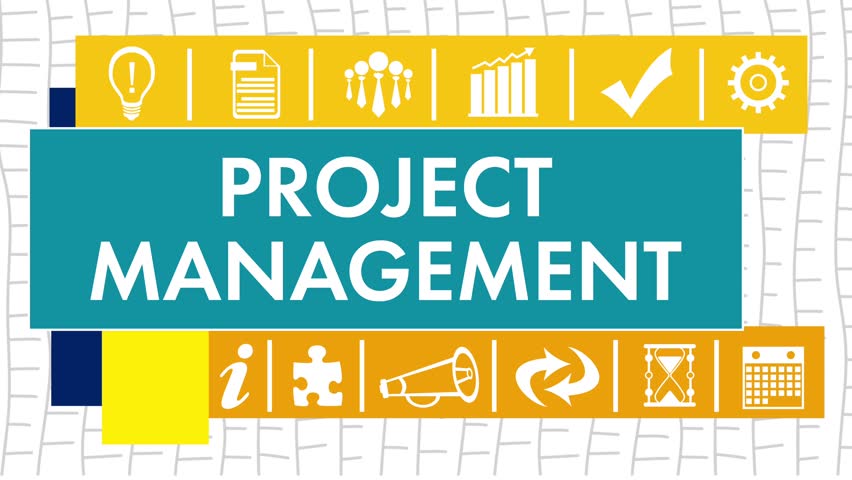 Project Management concept animation with text and business related symbols.