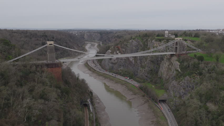 Aerial view of the Clifton Suspension Bridge in Bristol, England, United Kingdom. Beautiful bridge designed by Isambard Kingdom Brunel.