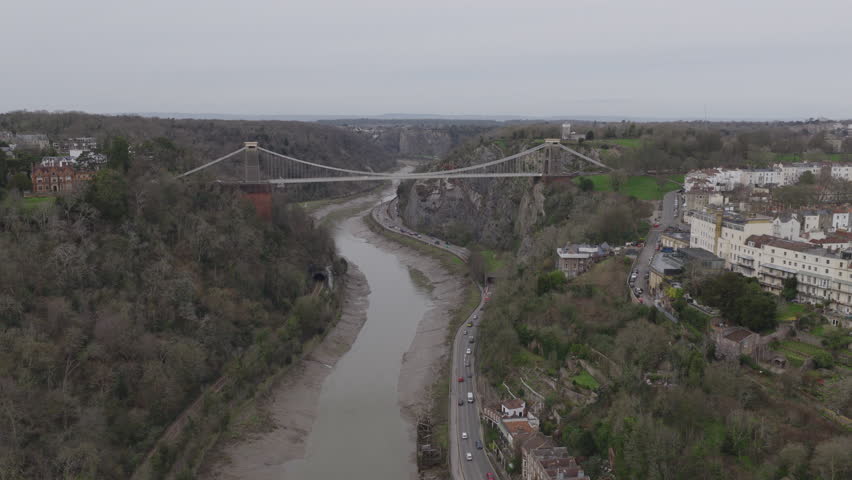 Aerial view of the Clifton Suspension Bridge in Bristol, England, United Kingdom. Beautiful bridge designed by Isambard Kingdom Brunel.