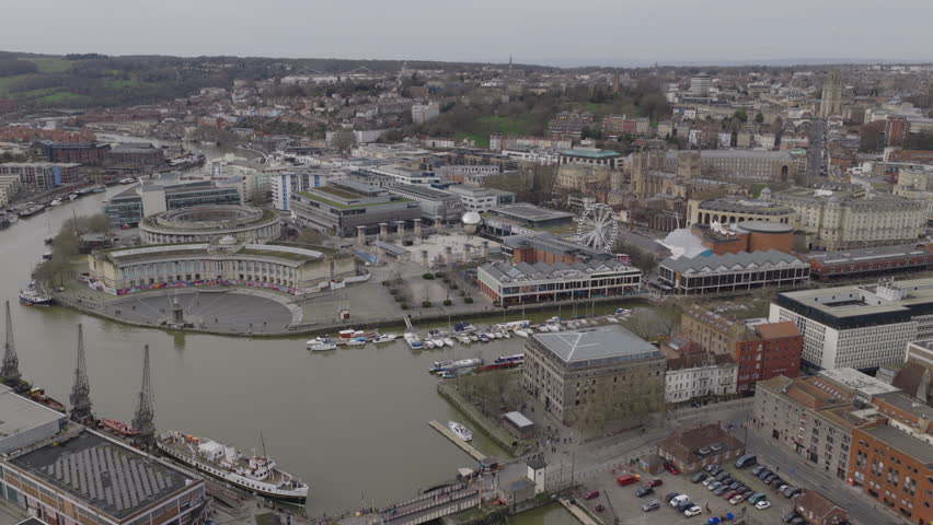 Establishing aerial view of Bristol, city in the southwest of England, United Kingdom