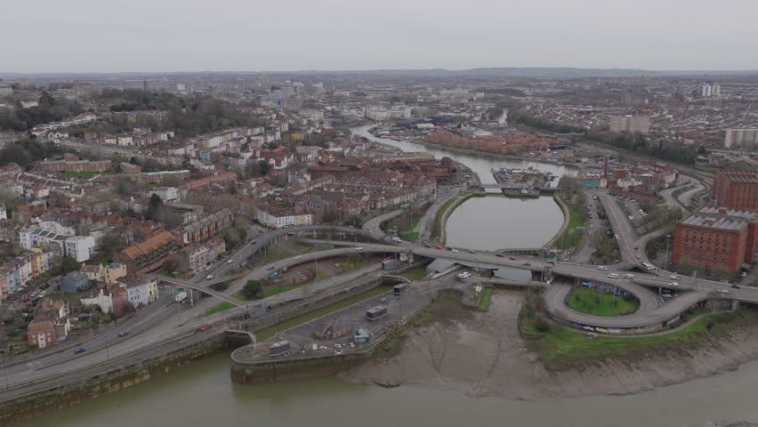 Establishing aerial view of Bristol, city in the southwest of England, United Kingdom