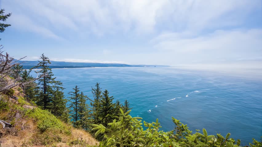 Scenic aerial footage capturing the breathtaking view from Cape Lookout State Park in Tillamook County, Oregon. The camera pans across the rugged coastline, dense evergreen forests, and the vast, vibr