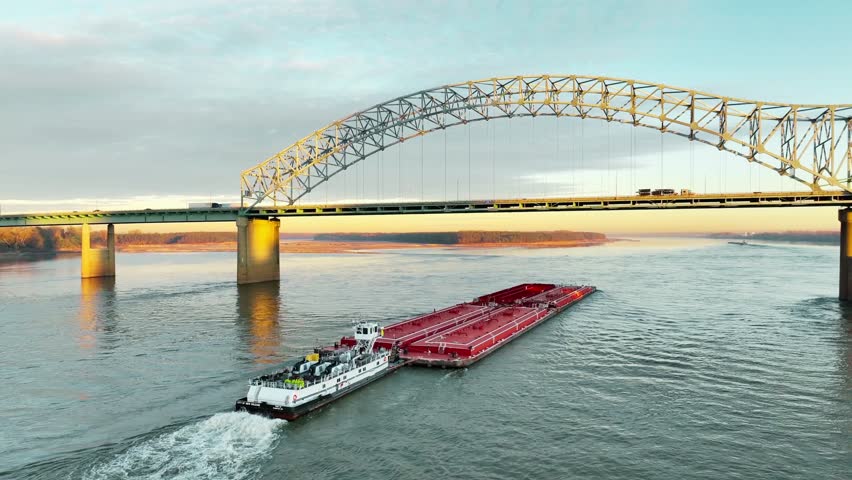 Aerial view  of tugboat riverboat pushing cargo barge along the Mississippi River through Memphis, showcasing commercial shipping, inland waterway transport, industrial logistics, and scenic riverfront skyline in Tennessee.