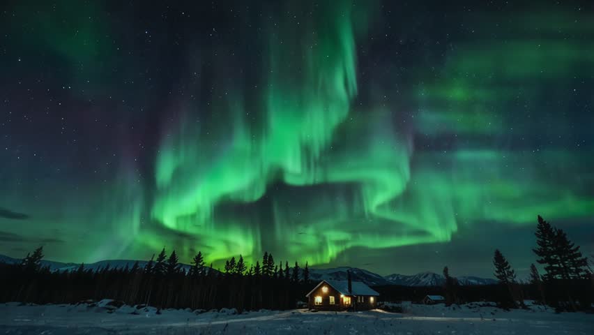 A stunning view of the Aurora Borealis (Northern Lights) from a remote log cabin. The night sky is dominated by a winding curtain of neon green light, mixed with subtle purple hues beneath the sprinkling of stars.