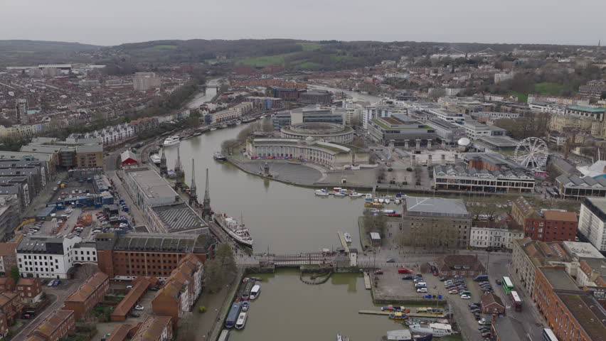 Establishing aerial view of Bristol, city in the southwest of England, United Kingdom