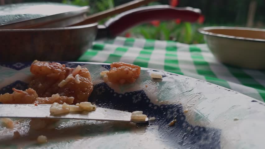 Housefly crawls over leftover food scraps on a dirty plate next to table knife, with cooking pot and checkered tablecloth in soft focus behind, illustrating hygiene and contamination, macro close shot