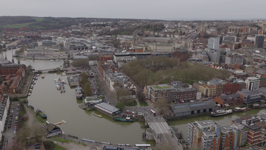 Establishing aerial view of Bristol, city in the southwest of England, United Kingdom