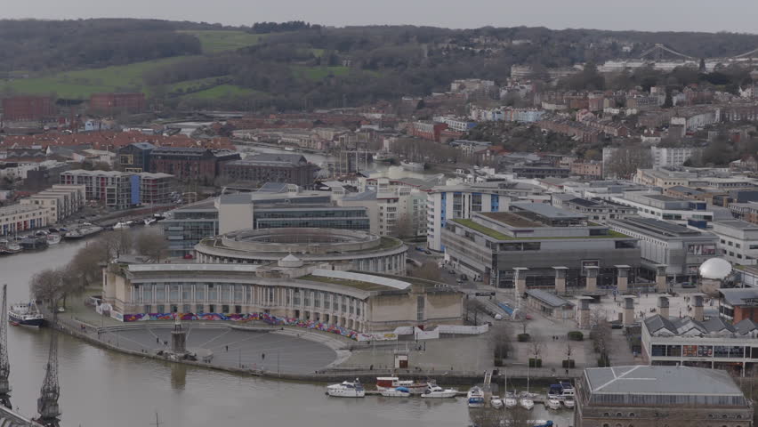 Establishing aerial view of Bristol, city in the southwest of England, United Kingdom
