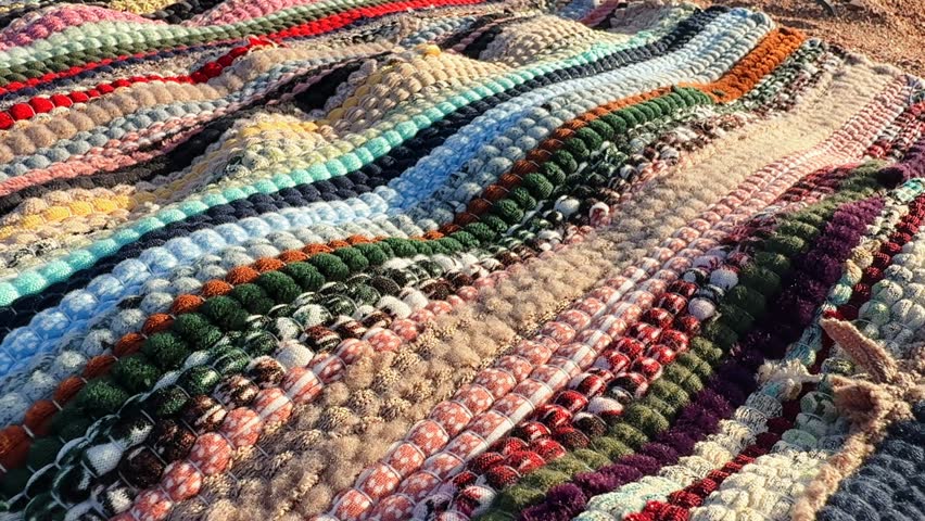 Close up of Egyptian striped rug painted thread pattern