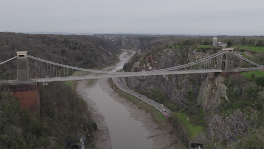 Aerial view of the Clifton Suspension Bridge in Bristol, England, United Kingdom. Beautiful bridge designed by Isambard Kingdom Brunel.