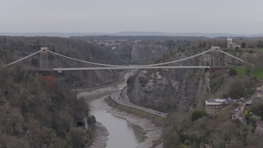 Aerial view of the Clifton Suspension Bridge in Bristol, England, United Kingdom. Beautiful bridge designed by Isambard Kingdom Brunel.