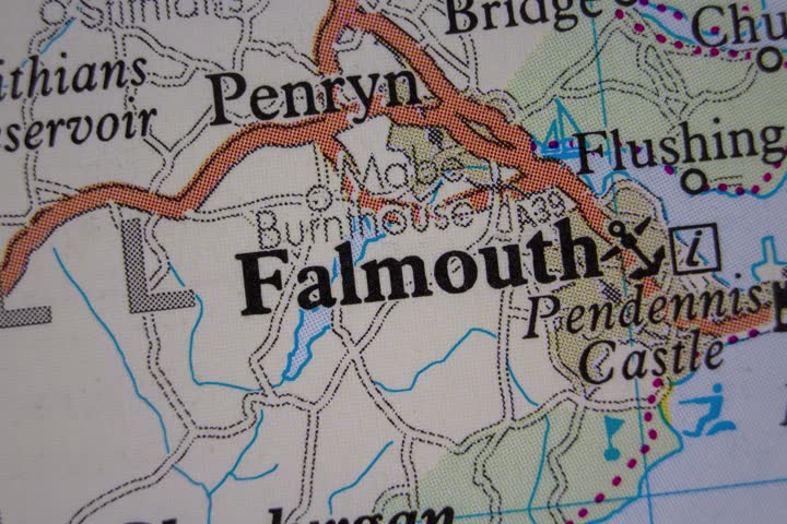Falmouth - England, United Kingdom colour atlas map town name of the area zoom in