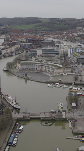 Vertical establishing aerial view of Bristol, city in the southwest of England, United Kingdom