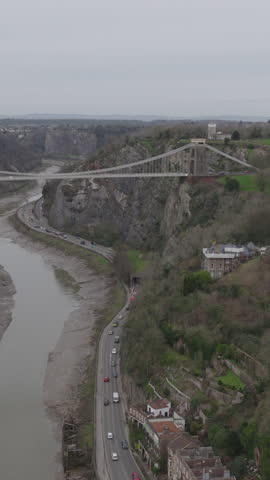 Vertical aerial view of the Clifton Suspension Bridge in Bristol, England, United Kingdom. Beautiful bridge designed by Isambard Kingdom Brunel.