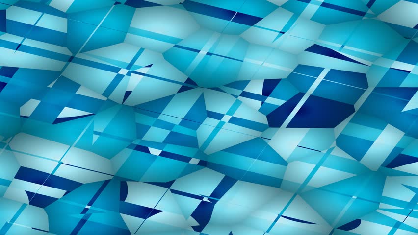 Abstract geometric shapes in bright blue tones shifting across a dynamic cubic pattern with smooth lighting and angular facets creating a modern, energetic atmosphere
