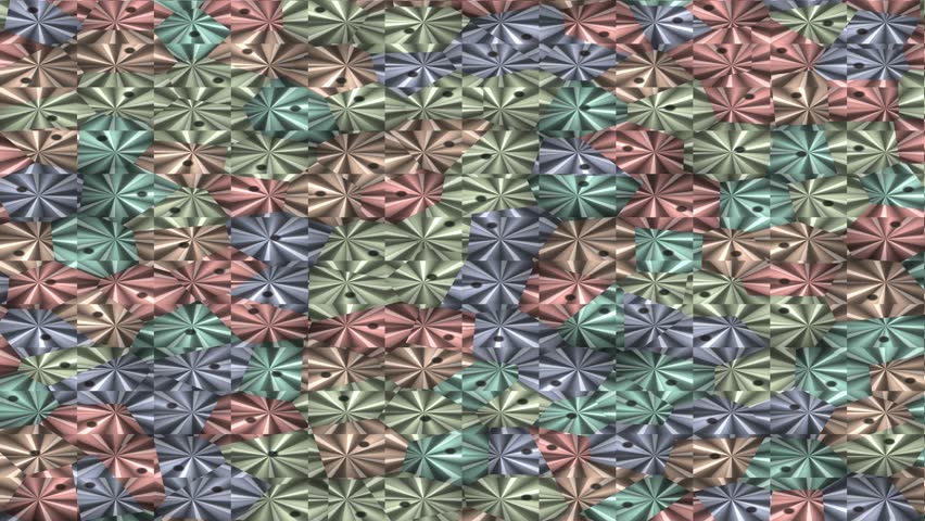 A close up view of a textured mosaic made from multicolored metallic tiles arranged in a repeating geometric pattern with a soft light source creating subtle reflections