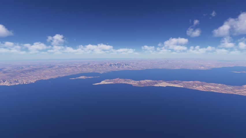 3D - Side aerial view of Parque Nacional Bahía de Loreto in Gulf of California. Baja California. Mexico