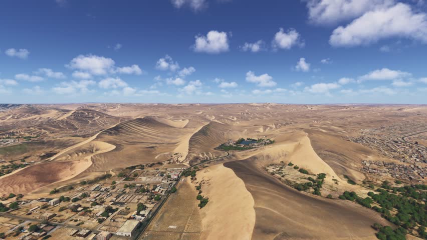 3D - Aerial drone view of Huacachina Oasis at Las Dunas de la Huacachina. Peru