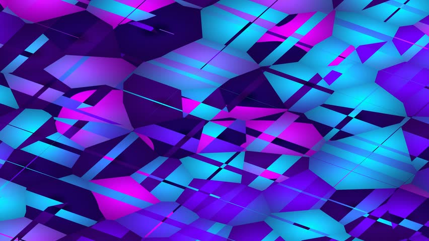 Abstract geometric shapes shimmer in purple and blue ambient lighting with dynamic reflections and angular surfaces creating a vivid, immersive atmosphere