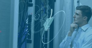 Animation of 5g text over round scanner against caucasian male engineer smiling in server room. Global networking and business data storage technology concept - Powered by Shutterstock - Get 15% off with code: PIKWIZARD15