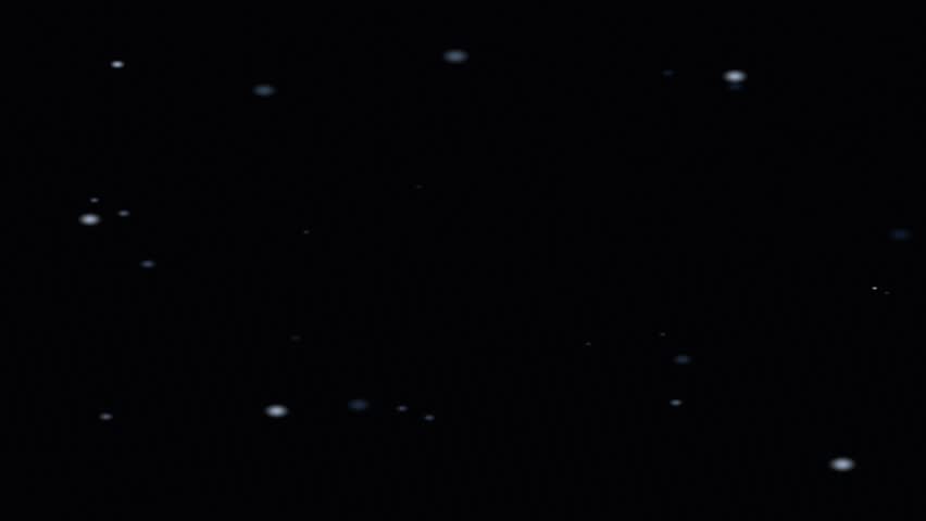 A dark night scene showing small bright dots drifting across a quiet outdoor space with soft movement and subtle depth