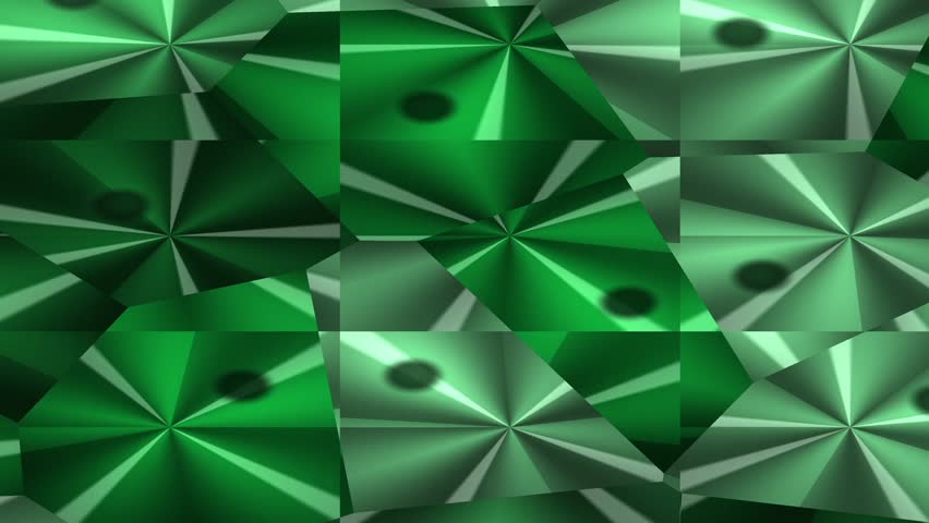 A close up of repeating green geometric shapes shifting with light and shadow across angular surfaces creating a bold digital artwork ambience