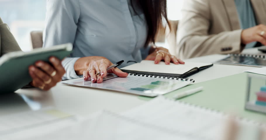 Woman, documents and business people with notebook in meeting for financial report, portfolio and planning. Corporate, team and person writing for investment strategy, statistics and finance agenda